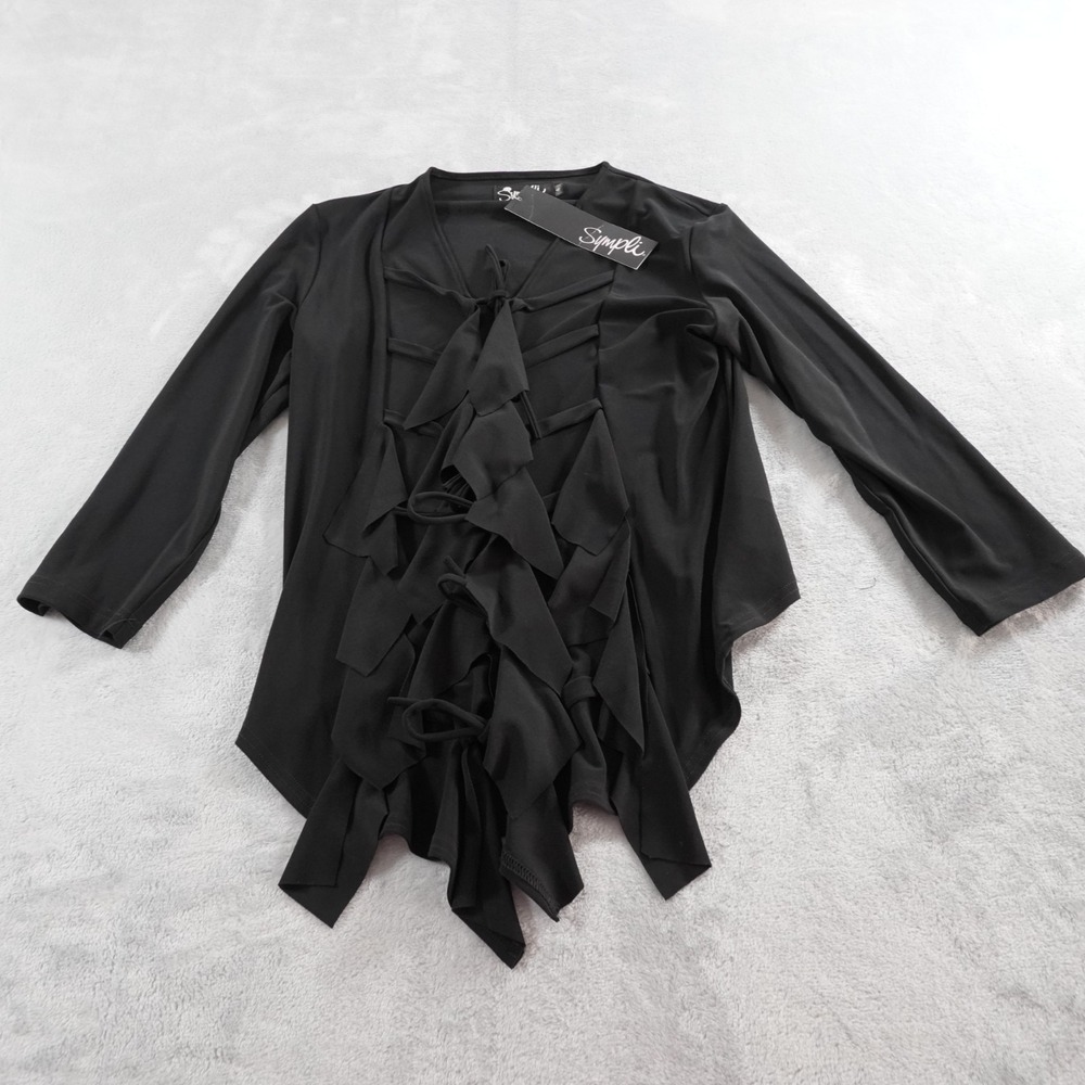 Sympli Black Tie Front Ruffle Blouse Womens L Goth Avant Garde Stretch Top - Picture 12 of 14